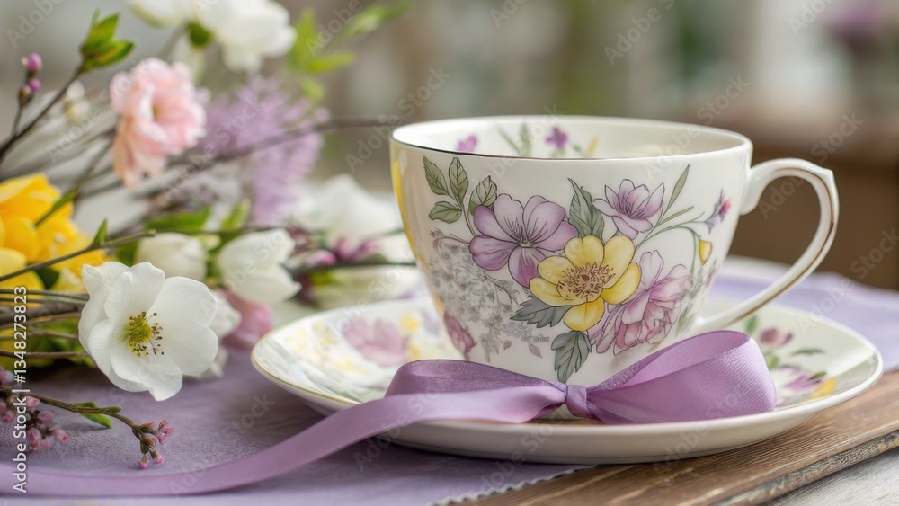 Elegant tea cup arrangement floral setting still life indoor close-up serenity and beauty Elegant tea cup arrangement floral setting still life indoor close-up serenity and beauty