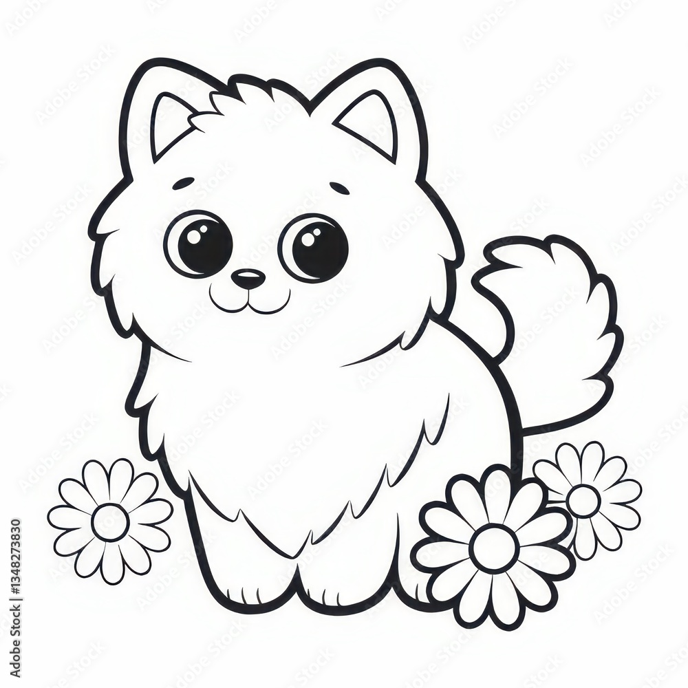 Fototapeta premium Cute cartoon puppy surrounded by daisies whimsical art playful theme creative environment childlike perspective