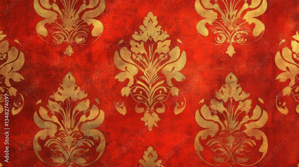 Red Background with Gold Damask Pattern Design Red Background with Gold Damask Pattern Design