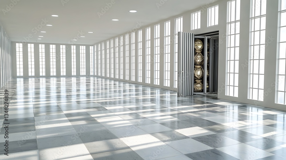 A sturdy steel vault door partially open revealing a glimpse of the hidden treasures behind it in a clean well lit institutional hallway with a tiled floor and grid like pattern of A sturdy steel vault door partially open revealing a glimpse of the hidden treasures behind it in a clean well lit institutional hallway with a tiled floor and grid like pattern of