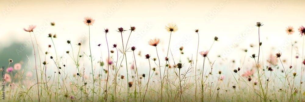 A tranquil panorama of a lush blooming meadow filled with delicate wildflowers in soft pastel tones evoking the warmth and peacefulness of a summer morning A tranquil panorama of a lush blooming meadow filled with delicate wildflowers in soft pastel tones evoking the warmth and peacefulness of a summer morning