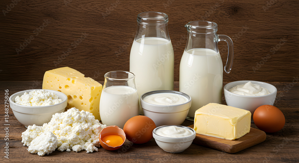 Rustic Dairy Selection: Milk, Cheese, Eggs, and Yogurt on Wood