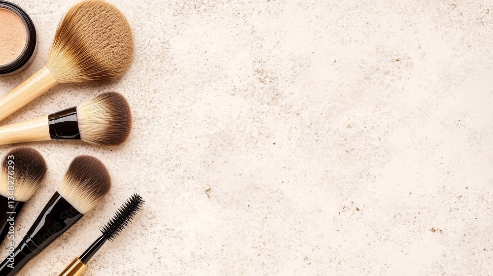 Fototapeta premium A collection of makeup brushes and a cosmetic container on a textured surface