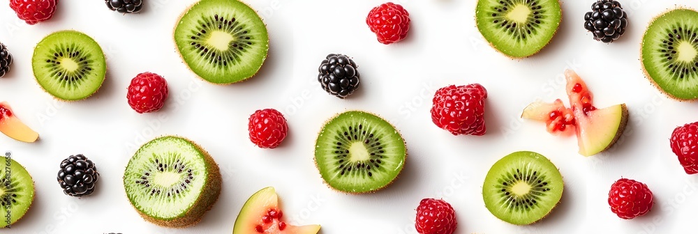A visually appealing arrangement of fresh colorful kiwis raspberries and blackberries creating a textured and harmonious pattern against a white background A visually appealing arrangement of fresh colorful kiwis raspberries and blackberries creating a textured and harmonious pattern against a white background