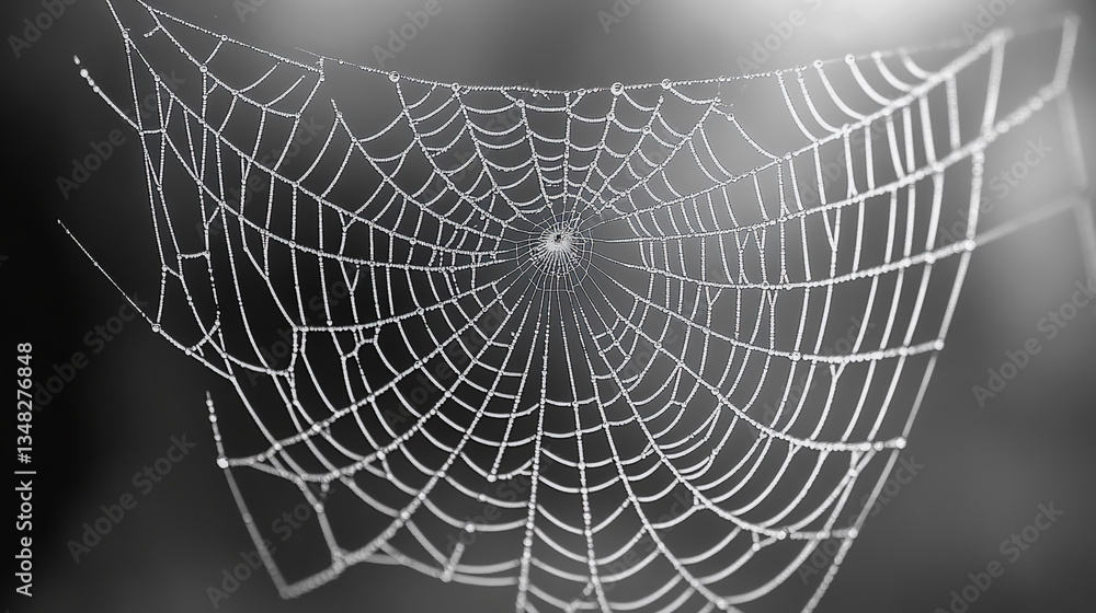 Naklejka premium Close-up view of a delicate spider web glistening with morning dew