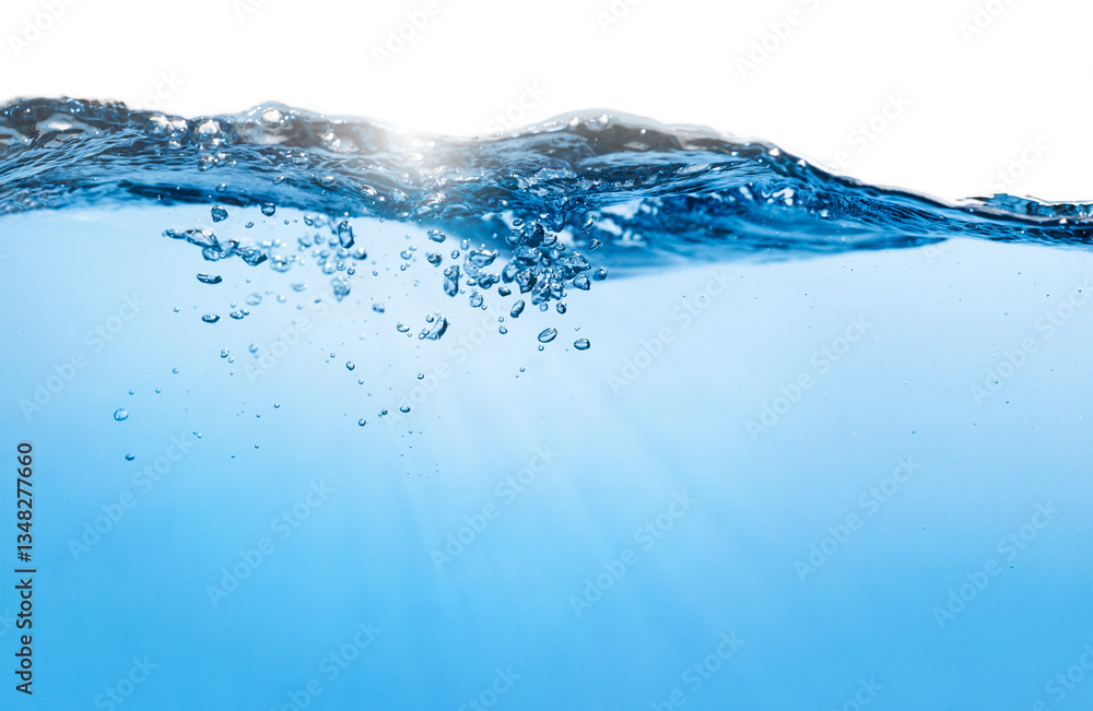 Water Wave. Air Bubbles Float Up in Water. Reflection of Light Underwater. Pure Water, Splashing. Blue Water Textured on White Background. Water Wave. Air Bubbles Float Up in Water. Reflection of Light Underwater. Pure Water, Splashing. Blue Water Textured on White Background.