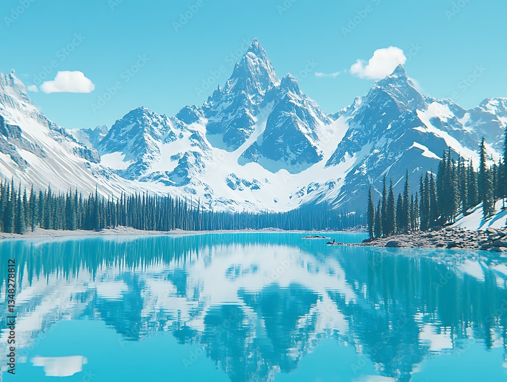 Snowcapped peaks reflect in alpine lake. Snowcapped peaks reflect in alpine lake.