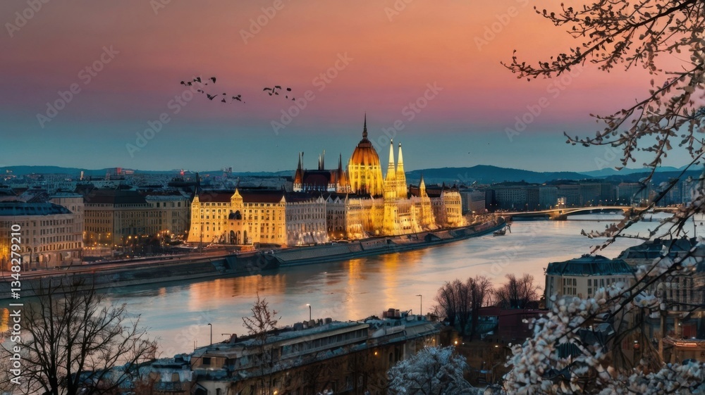 Fototapeta premium A breathtaking view of Budapest as the first signs of spring emerge. Delicate cherry blossoms frame the cityscape, while the Danube River reflects the soft pastel hues of the sky. 