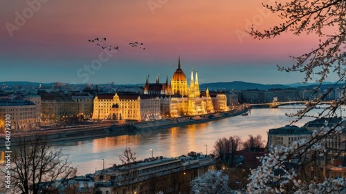 A breathtaking view of Budapest as the first signs of spring emerge. Delicate cherry blossoms frame the cityscape, while the Danube River reflects the soft pastel hues of the sky. 