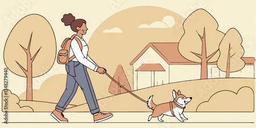 Professional dog walker, dog sitter walks a Pembroke Welsh Corgi on a leash along the sidewalk at sunset on a sunny day. Business concept for dog walking, dog sitting, pet care.
