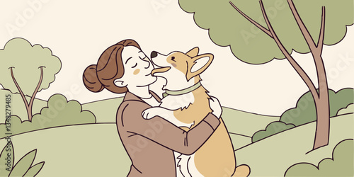 Woman tenderly kisses her pet, holding it in her arms during joint walk in nature, snuggling up to it. Cute Welsh Corgi dog in arms of its owner. Expressions of love and affection for adopted animals
