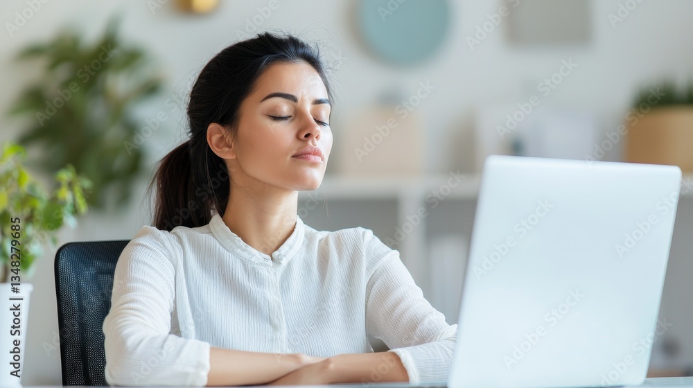 Preventing Office Syndrome: Young Woman Relieving Pain with Wrist Stretches in Ergonomic Office Setting Preventing Office Syndrome: Young Woman Relieving Pain with Wrist Stretches in Ergonomic Office Setting