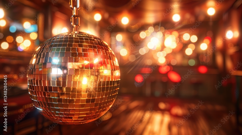 Obraz premium A shiny mirror disco ball hanging on a chain reflecting the bright lights, creating a fun and lively party atmosphere.