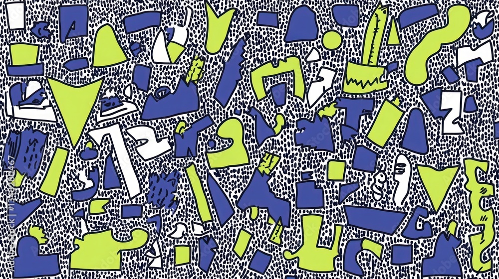 Obraz premium Abstract art with white, green and blue geometric shapes on a gray background