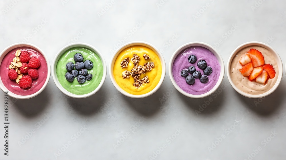 A top-down view of multiple colorful açaí bowls A top-down view of multiple colorful açaí bowls
