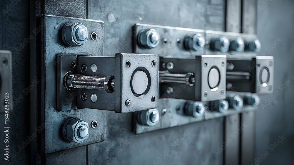 Obraz premium Closeup view of sturdy metallic safe doors with a reinforced industrial style design and large bolts locking the entrance in place