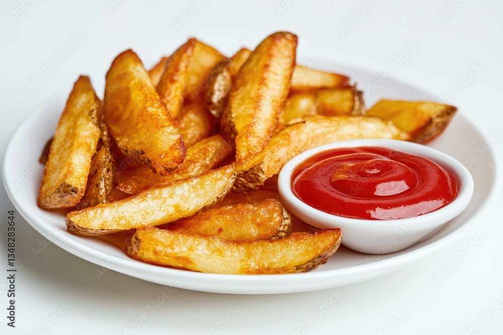 Golden potato wedges served with tomato ketchup Golden potato wedges served with tomato ketchup
