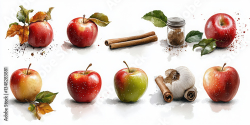 Iconic handpainted watercolor apple set on white background unique art collection creative culinary concept