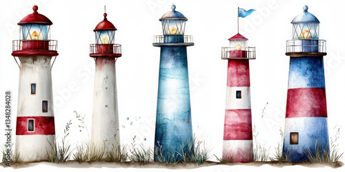 Unique handpainted watercolor icon set of lighthouses on white background coastal landscape art style