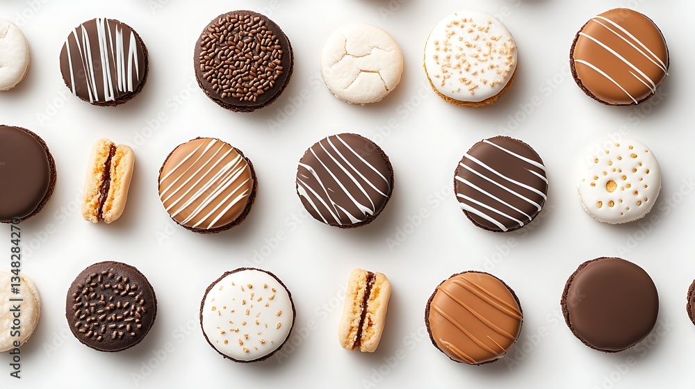 A top-down view of an assortment of alfajores with different coatings A top-down view of an assortment of alfajores with different coatings
