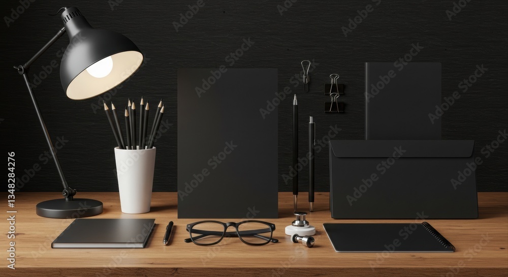 Modern workspace mockup with black stationery. Modern workspace mockup with black stationery.
