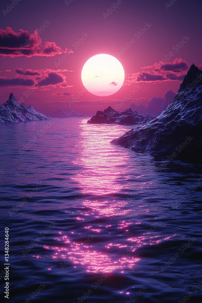Fototapeta premium A pink sunset over ocean water, reflecting in waves amidst rock formations