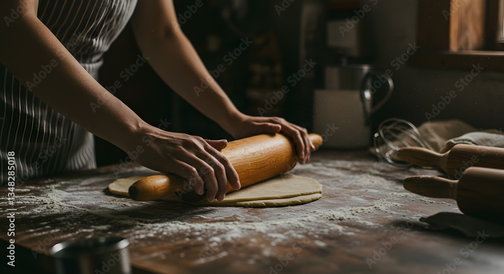 Obraz premium Woman's Hands Rolling Dough on Rustic Wooden Kitchen Counter