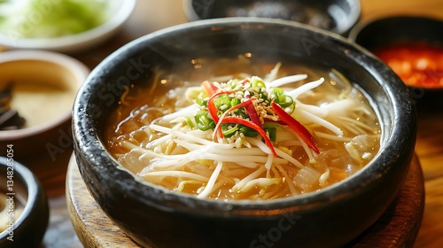 Bowl of soup with rice noodles and vegetables on wooden table