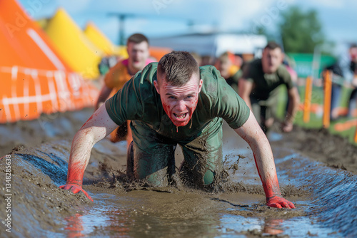 Competitors crawl through mud during an obstacle race. They are focused and determined as they advance toward the finish line