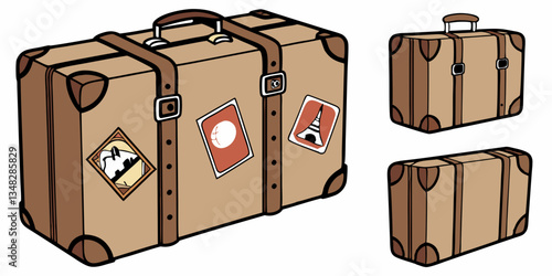 Realistic brown suitcase with travel stickers. Vector leather model in different positions

