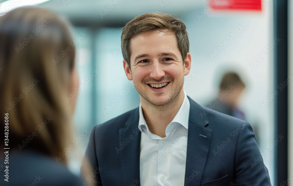 A professional conversation exchange business idea between colleagues at a business forum highlights strategic collaboration and innovative marketing approaches.