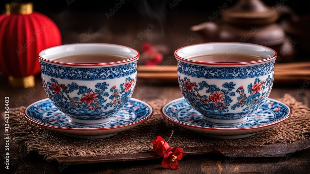 Fototapeta premium Ornate teacups, red berries, lanterns, and a wooden tray create a festive scene. Perfect for blogs about Chinese culture, tea ceremonies, and holiday celebrations.