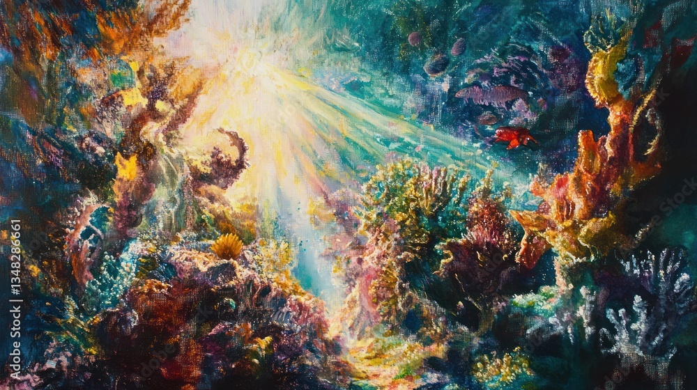 A vibrant underwater scene with a sunbeam breaking through the surface, illuminating a coral reef teeming with life A vibrant underwater scene with a sunbeam breaking through the surface, illuminating a coral reef teeming with life