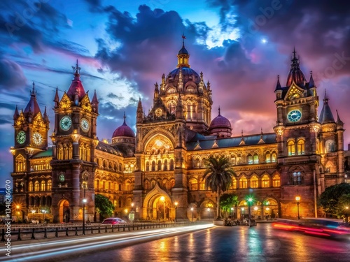 Low Light Victoria Terminus CST Mumbai Night Photography, Dramatic Indian Railway Station Image, Vintage Architectural Details, Golden Hour, Urban Exploration