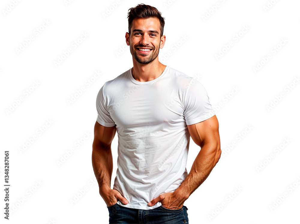 Smiling Man in White T-shirt with Hands in Pockets Smiling Man in White T-shirt with Hands in Pockets