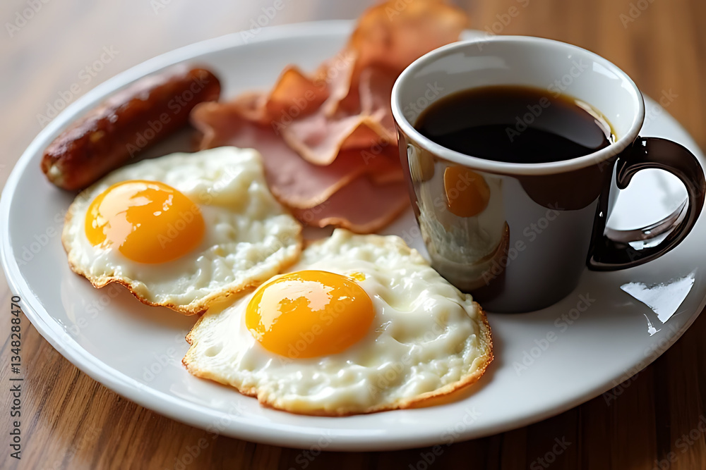 Breakfast feast with eggs sausage and coffee at home food photography cozy kitchen morning Breakfast feast with eggs sausage and coffee at home food photography cozy kitchen morning