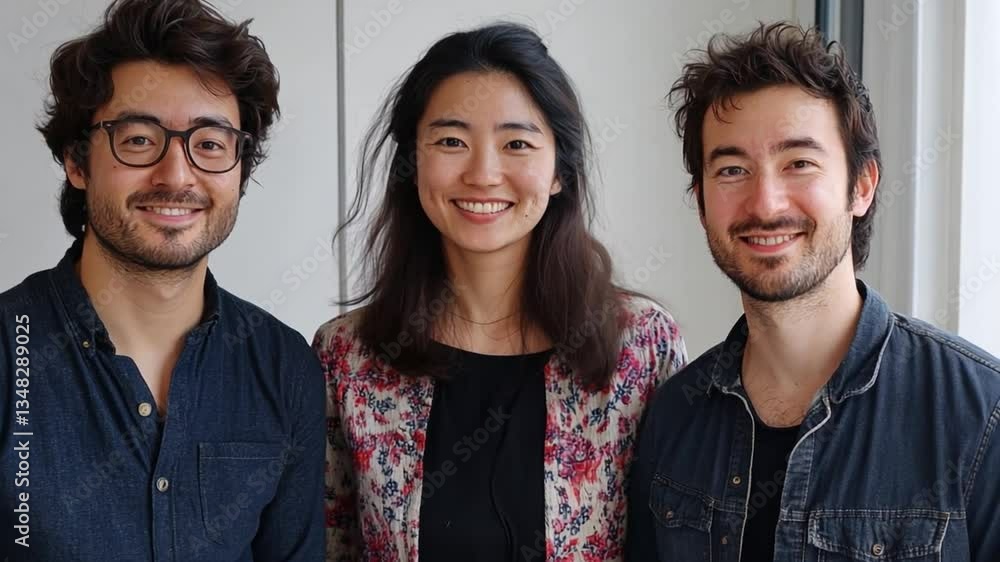 Harmonious Trio: A portrait of three smiling individuals, exuding positivity and representing a diverse collaboration. Harmonious Trio: A portrait of three smiling individuals, exuding positivity and representing a diverse collaboration.