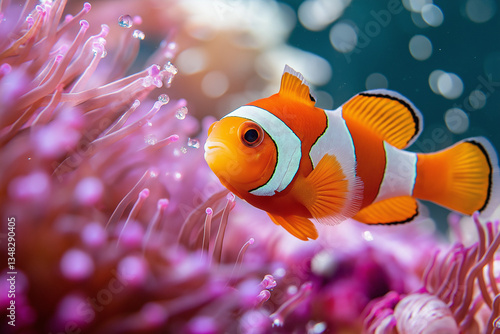 An adorable clownfish swims near anemone, showcasing an image ready to be submitted to Adobe Stock. This picture is labelled a photo, categorized as animals