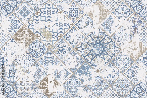 Seamless vintage rug with an effect of attrition. Damask carpet. Hand drawn seamless abstract pattern with eastern motifs. vector illustration