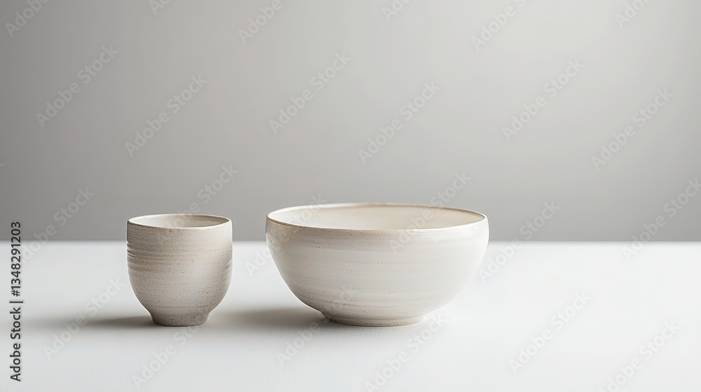 Two ceramic bowls of different sizes sit on a white surface Two ceramic bowls of different sizes sit on a white surface