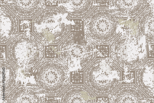 Seamless vintage rug with an effect of attrition. Damask carpet. Hand drawn seamless abstract pattern with eastern motifs. vector illustration