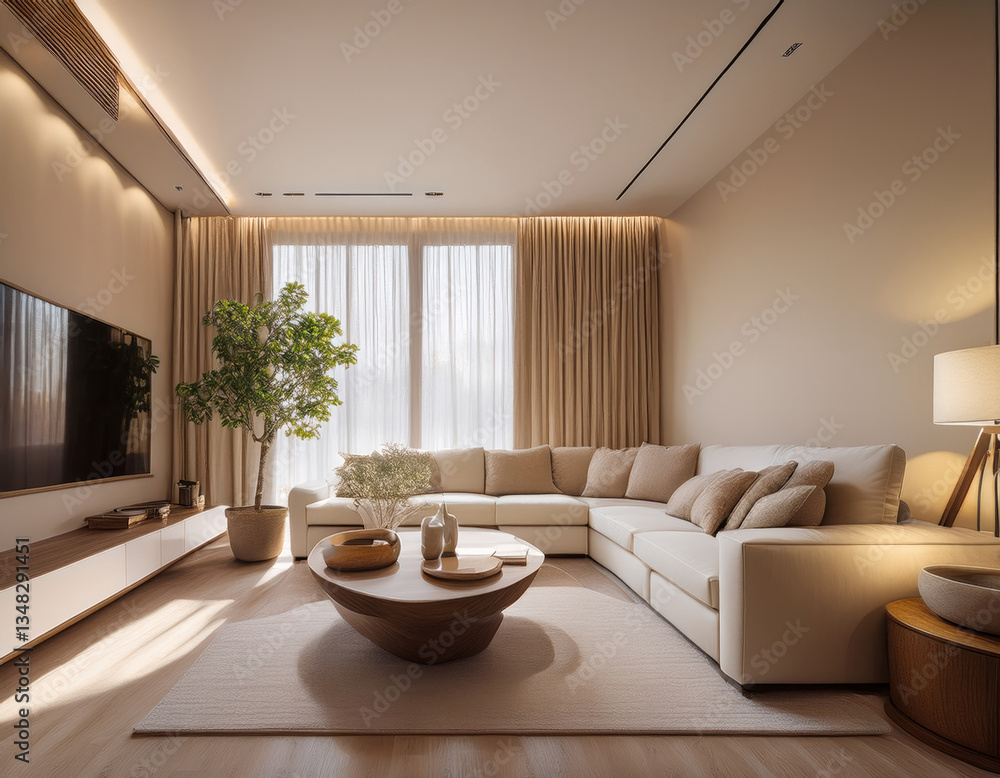 A modern living room with neutral tones, soft lighting, and elegant furniture. A modern living room with neutral tones, soft lighting, and elegant furniture.