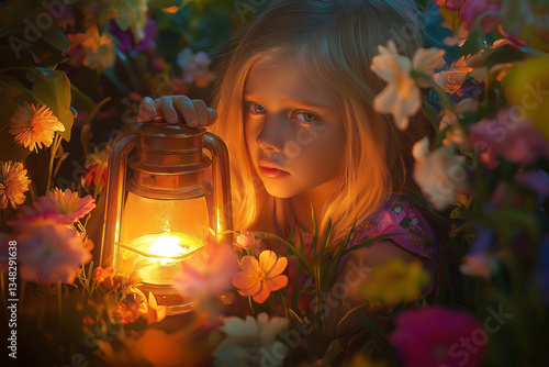A girl in a flower field holds a glowing lantern, and the illustration is used in the context of Adobe Stock. The photo is one of many ready to be submitted to the stock photo site