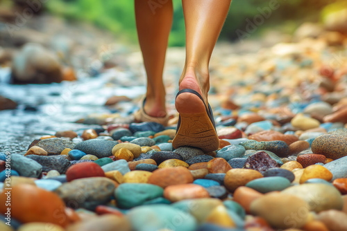 A close up photograph of a woman's legs walking across colorful rocks in a stream. This image is intended for upload to Adobe Stock