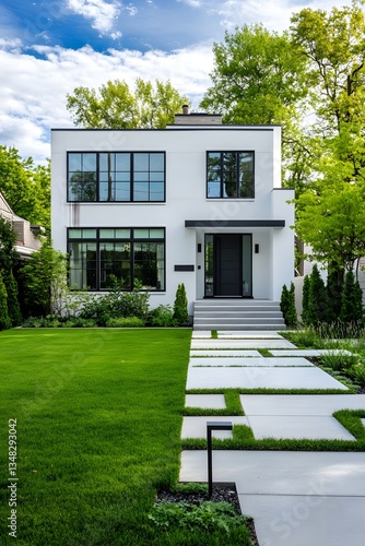Modern two story house with a well landscaped front yard