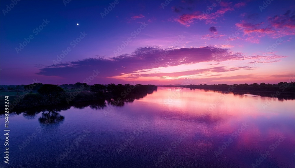 Fototapeta premium dreamy purple sky twilight background and sunlight with copy space reflections in the river
