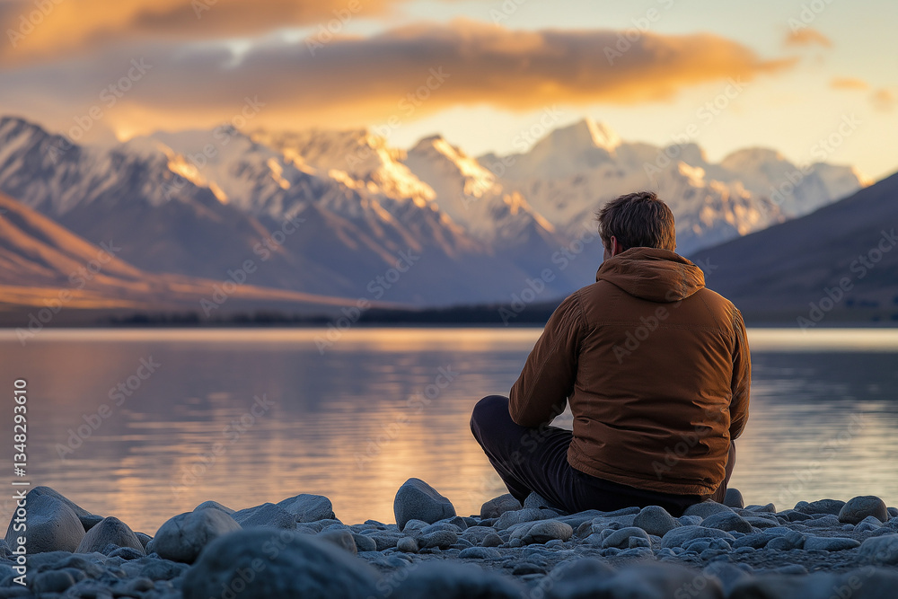 A man in a jacket sits cross-legged, contemplating a mountain lake landscape. The image is intended for submission as a A man in a jacket sits cross-legged, contemplating a mountain lake landscape. The image is intended for submission as a