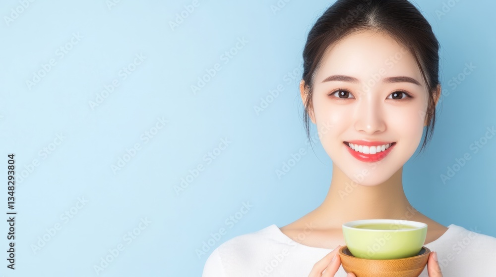 Smiling asian woman holding tea cup on light blue background Smiling asian woman holding tea cup on light blue background