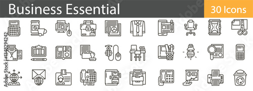 Business Essentials Line Icons Set. Collection of 30 outline icons representing office tools, corporate services, and business operations. Editable stroke vector illustration.