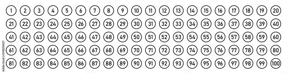 Set of 1 to 100 numbers simple design. Typography set of rounds 1 to 100 Numbers. Bullet point number collection. Numeral typographic outline and flat icons set. Isolated vector illustration. Set of 1 to 100 numbers simple design. Typography set of rounds 1 to 100 Numbers. Bullet point number collection. Numeral typographic outline and flat icons set. Isolated vector illustration.